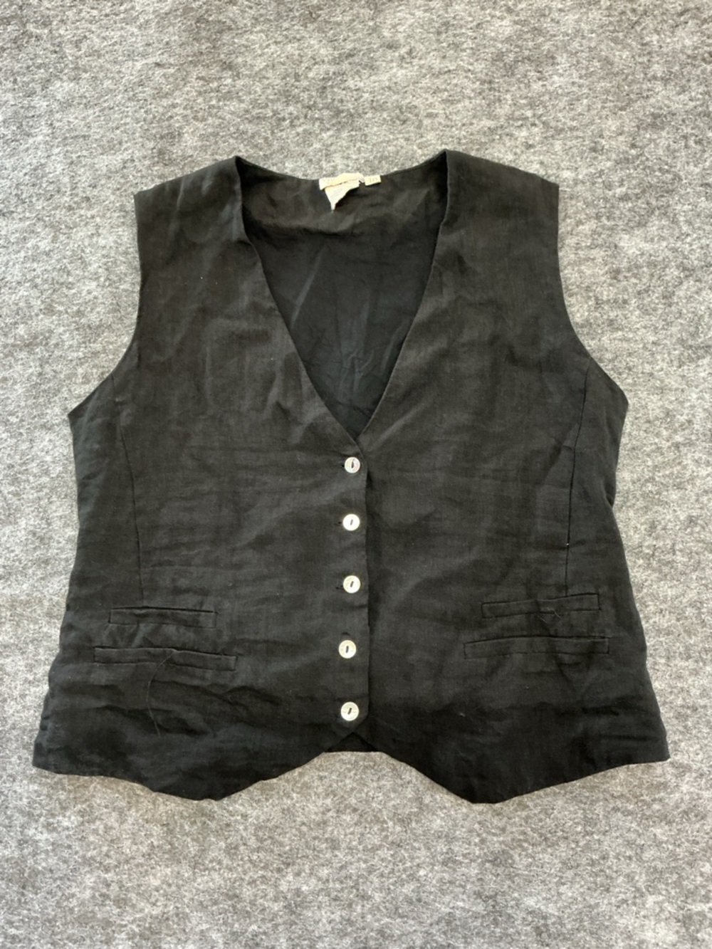 VRG GRL Black V-Neck Linen Top with Subtle Collar Size 10